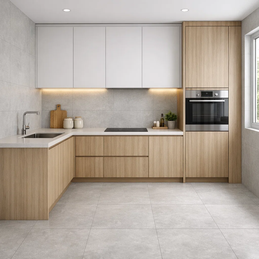Keramik ukuran besar dengan nat tipis menciptakan tampilan dapur yang lebih rapi, seamless, dan modern—solusi cerdas untuk membuat ruang terasa lebih luas dan mudah dirawat
