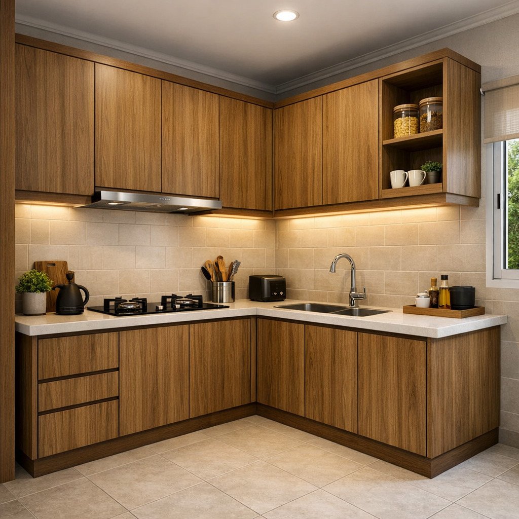 Kitchen set ACP motif kayu yang hangat dan tetap tahan lembap