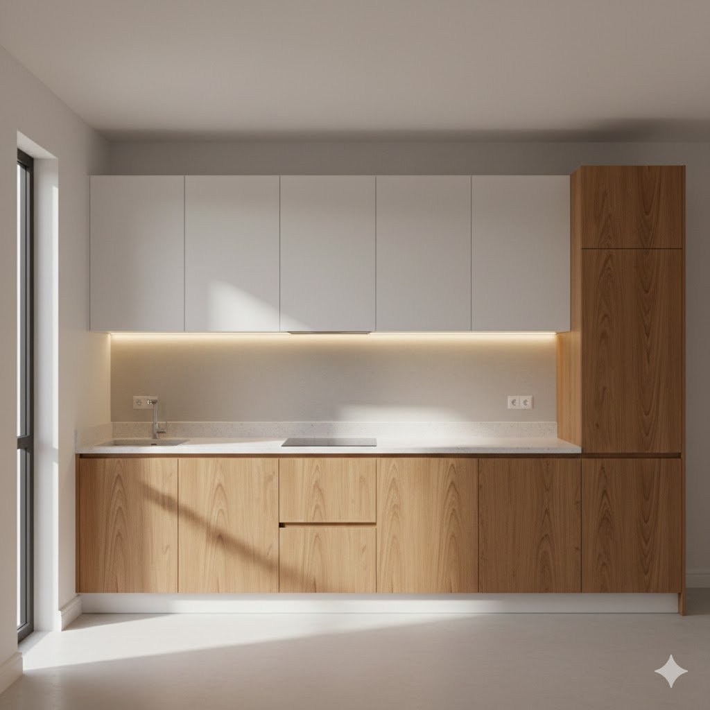 Kitchen set HPL kombinasi kayu natural dan putih matte dengan desain modern rapi dan pencahayaan hangat yang memberi kesan elegan serta fungsional