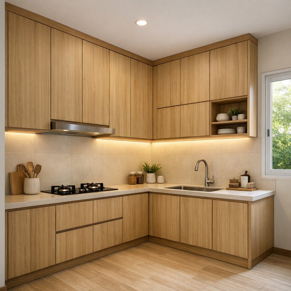 Kitchen set Japandi dengan nuansa kayu hangat yang terasa tenang