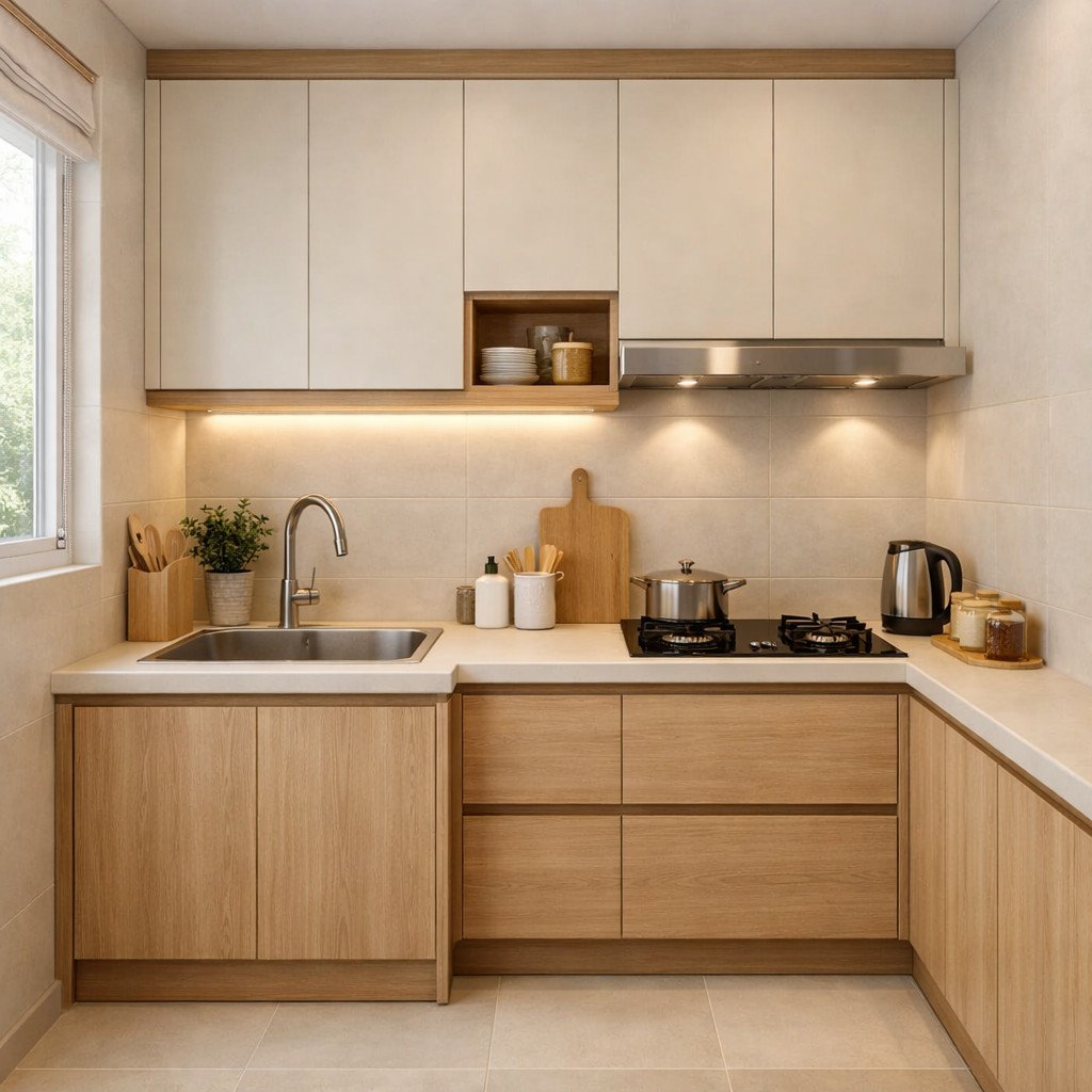 Kitchen set Japandi hangat yang rapi untuk dapur kecil modern