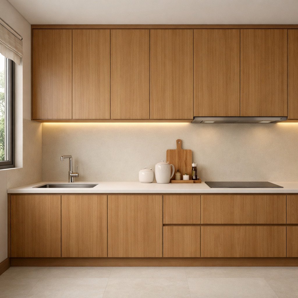 Kitchen set Japandi menghadirkan suasana dapur yang tenang, rapi, dan penuh presisi—perpaduan sempurna antara kehangatan kayu dan kesederhanaan desain untuk ruang yang nyaman tanpa distraksi visual