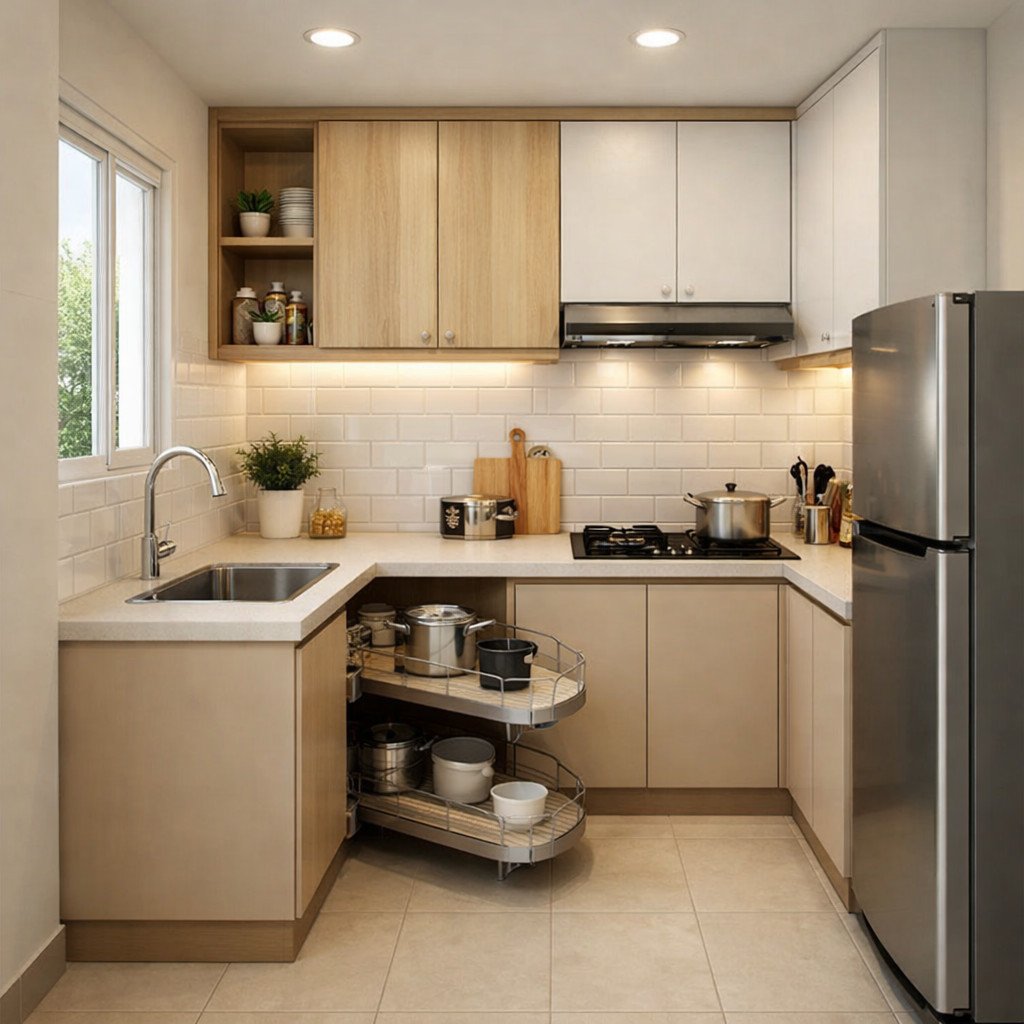 Kitchen set L-shape compact yang memaksimalkan sudut dapur kecil