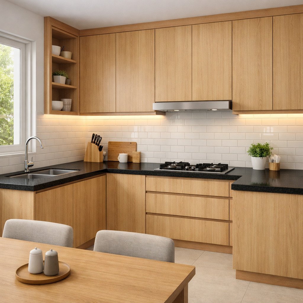 Kitchen set L-shape dengan finishing kayu natural menghadirkan suasana hangat sekaligus fungsional, dengan alur kerja yang lebih efisien untuk aktivitas memasak sehari-hari