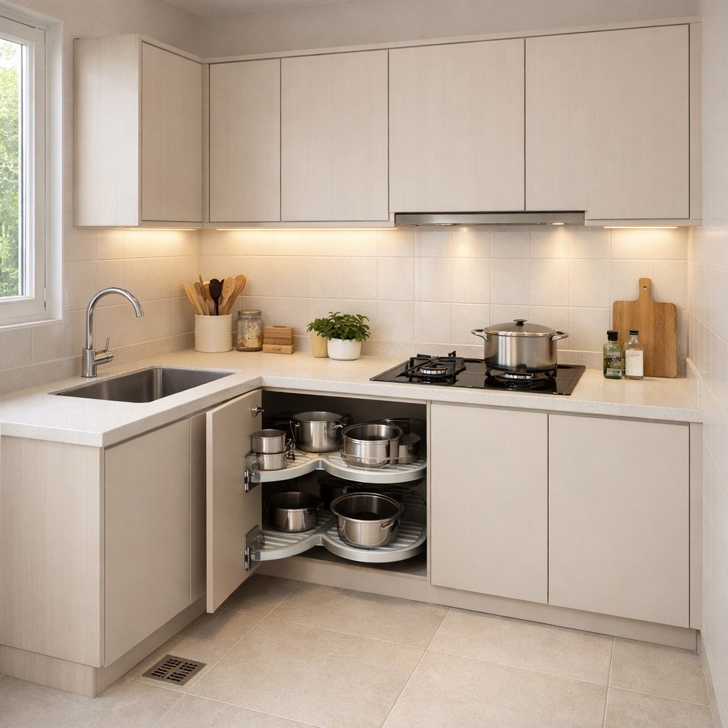 Kitchen set L-shape minimalis yang memaksimalkan sudut dapur kecil