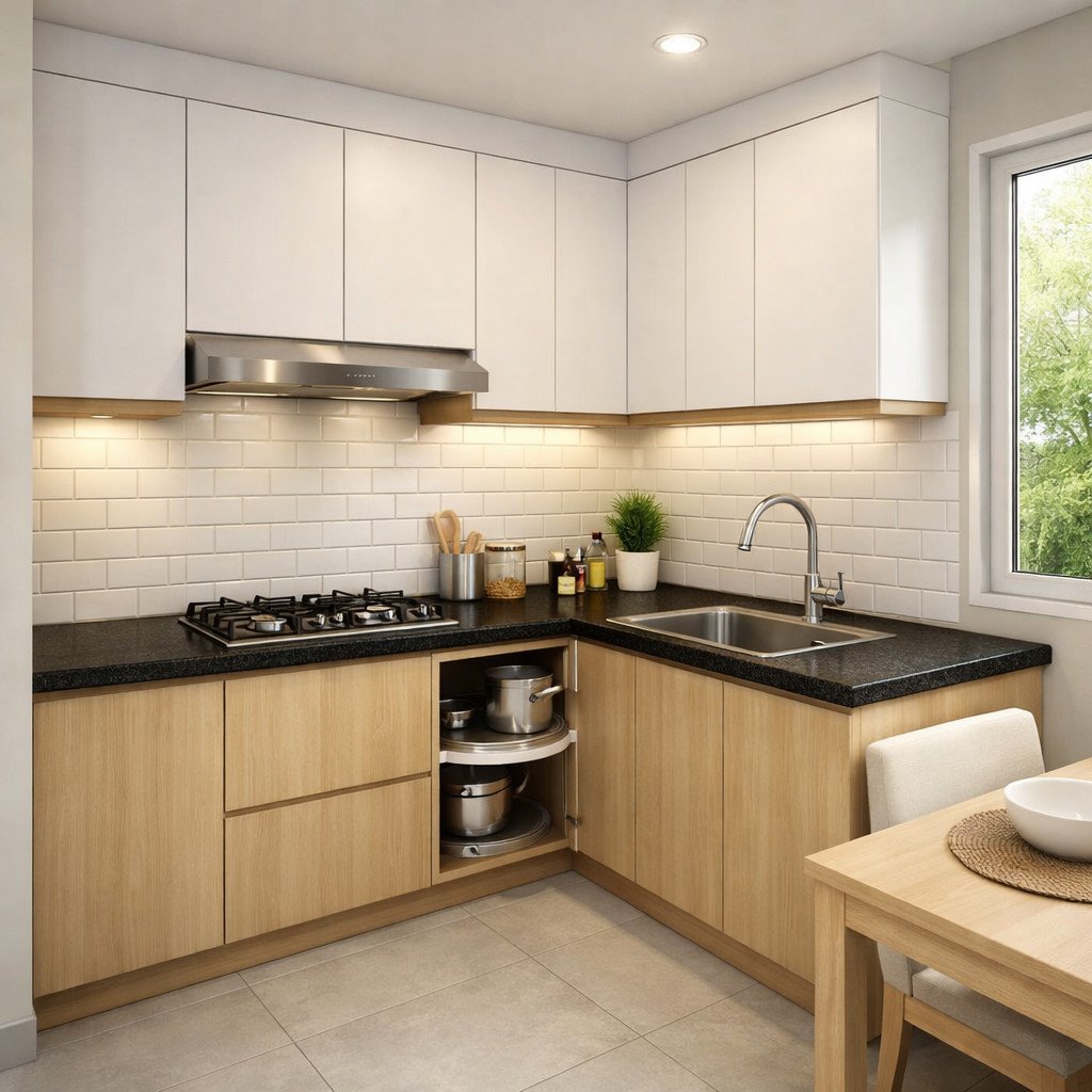 Kitchen set L-shape yang memaksimalkan sudut dapur kecil