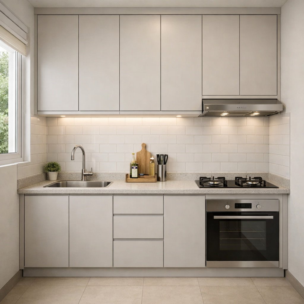 Kitchen set PVC compact yang rapi dan efisien untuk rumah kecil