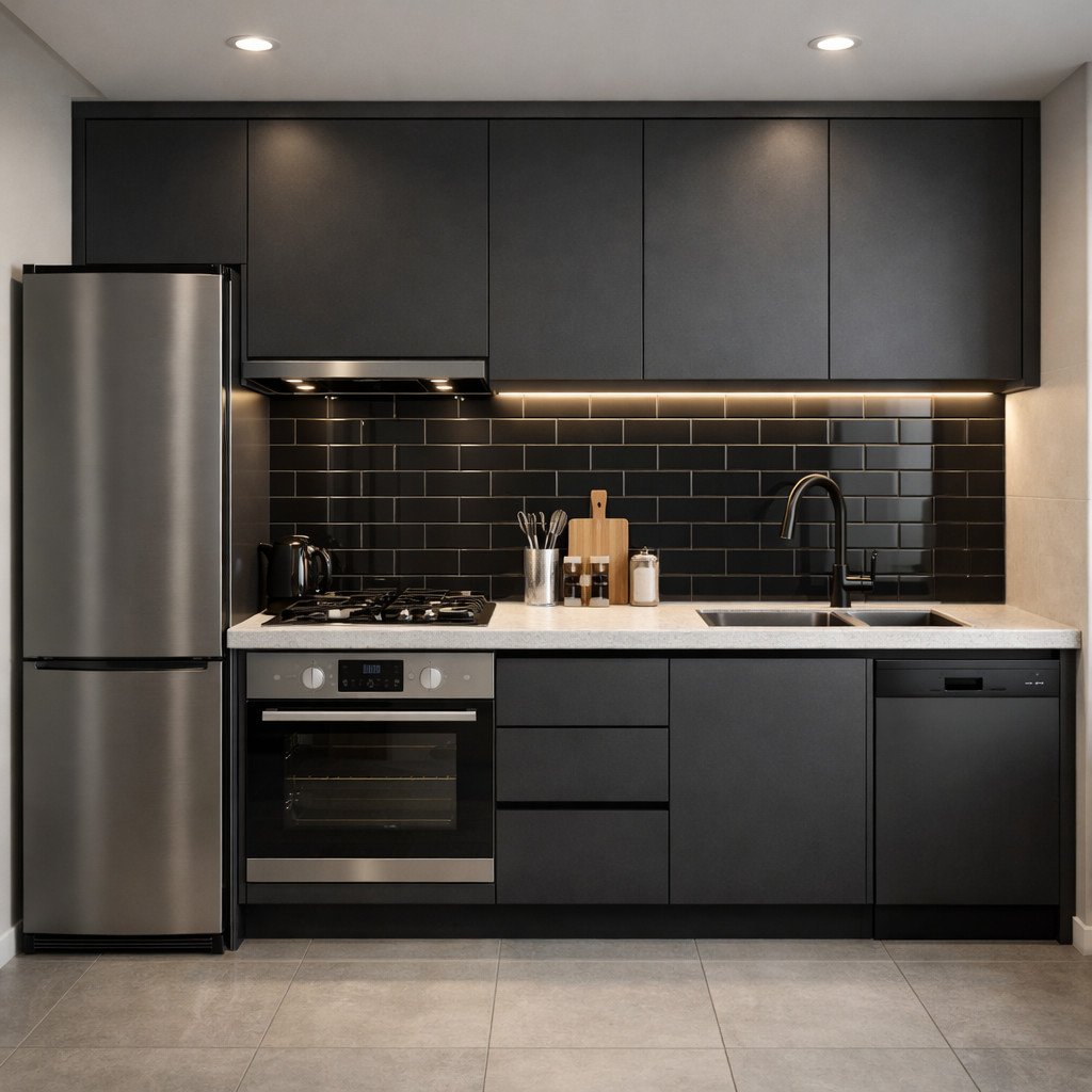 Kitchen set PVC dark tone yang elegan dan modern