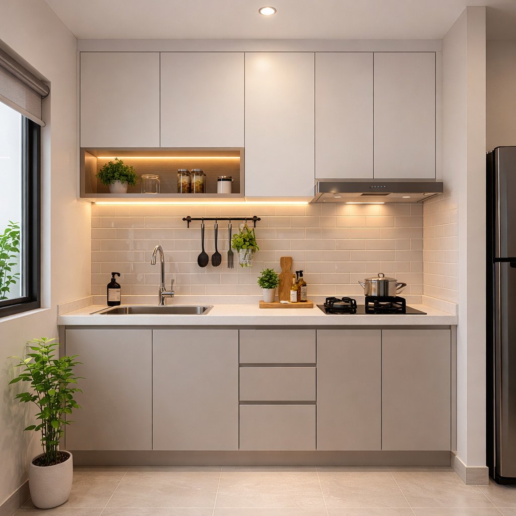 Kitchen set PVC linear yang simpel dan cocok untuk dapur apartemen kecil