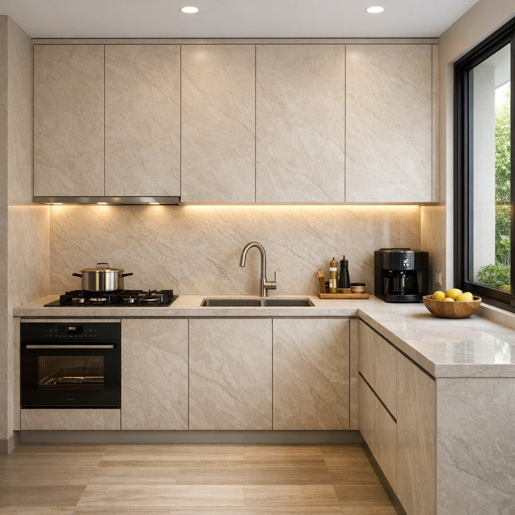 Kitchen set PVC marble look dengan nuansa quiet luxury yang elegan