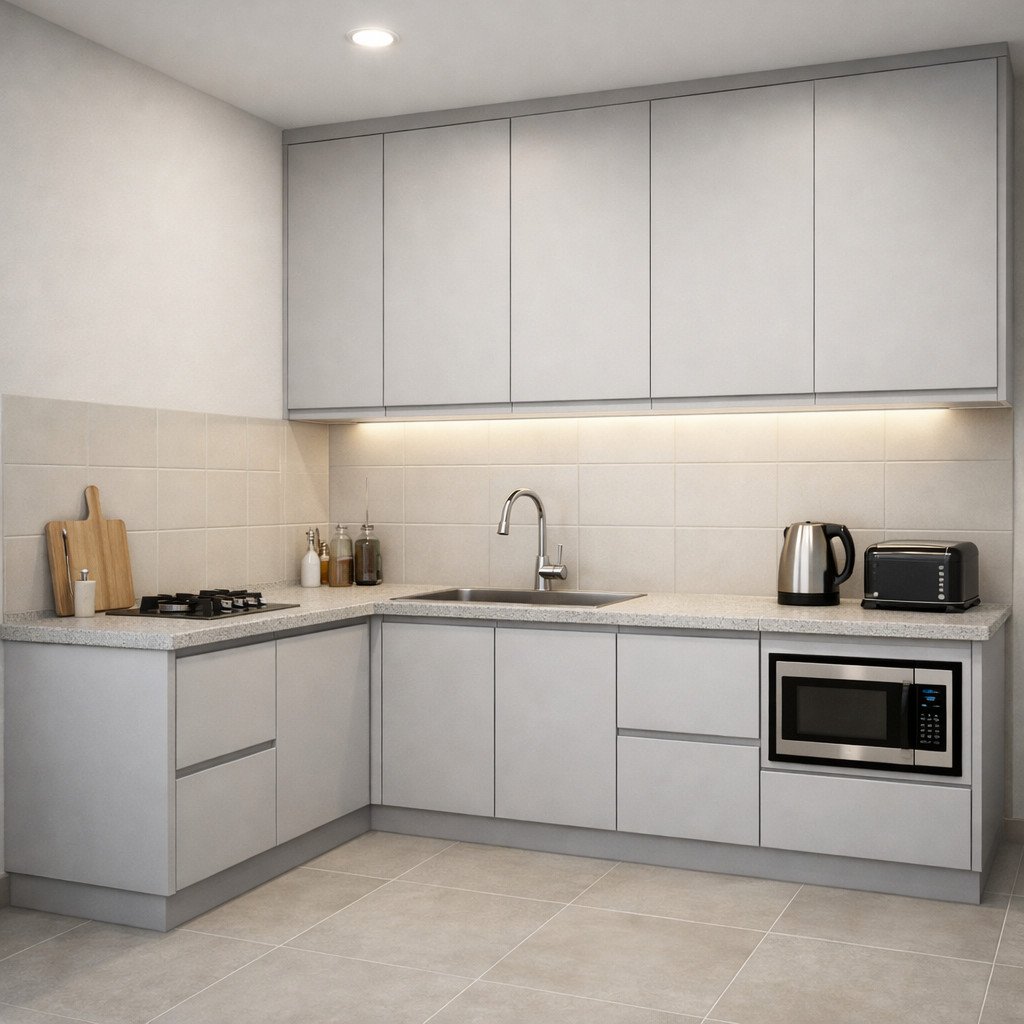 Kitchen set PVC minimalis dengan garis bersih yang rapi dan modern