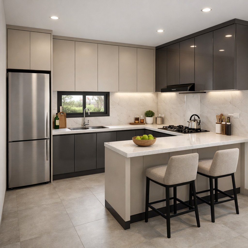 Kitchen set PVC modern dua tone dengan tampilan rapi dan elegan