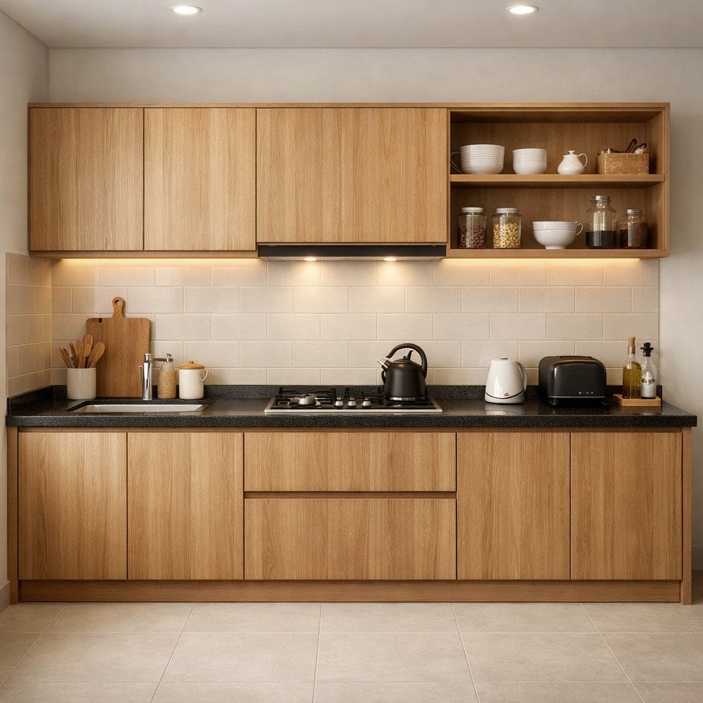 Kitchen set PVC motif kayu yang hangat dan terasa homey