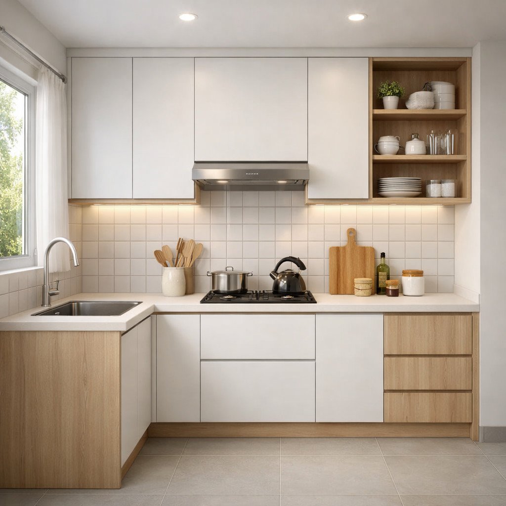 Kitchen set PVC warna terang bergaya Scandinavian yang terasa hangat
