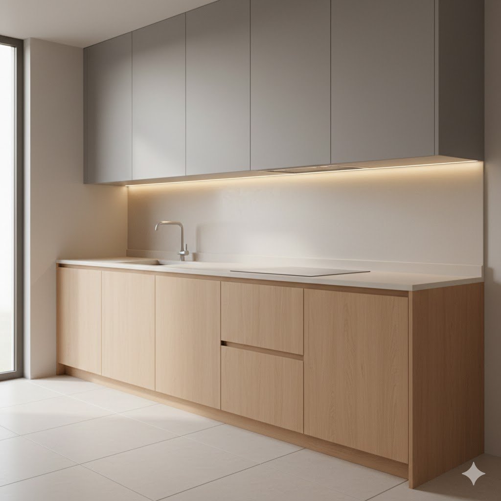 Kitchen set aluminium ACP dengan kombinasi warna modern dan pencahayaan hangat yang terlihat rapi serta presisi dalam satu komposisi dapur minimalis yang elegan