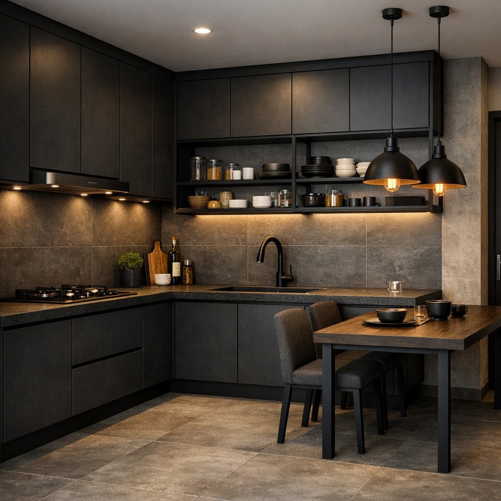 Kitchen set aluminium ACP hitam bergaya industrial yang tegas dan elegan