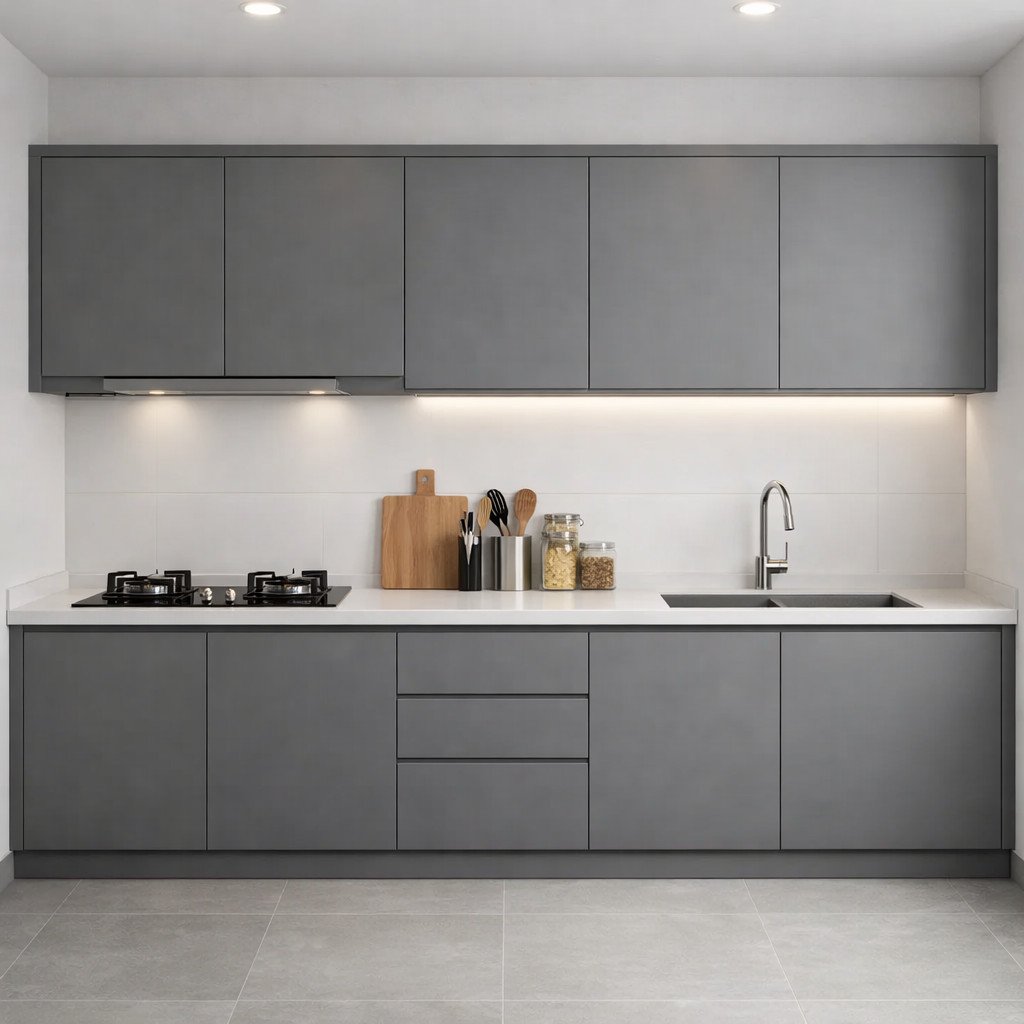 Kitchen set aluminium ACP matte grey yang rapi dan modern