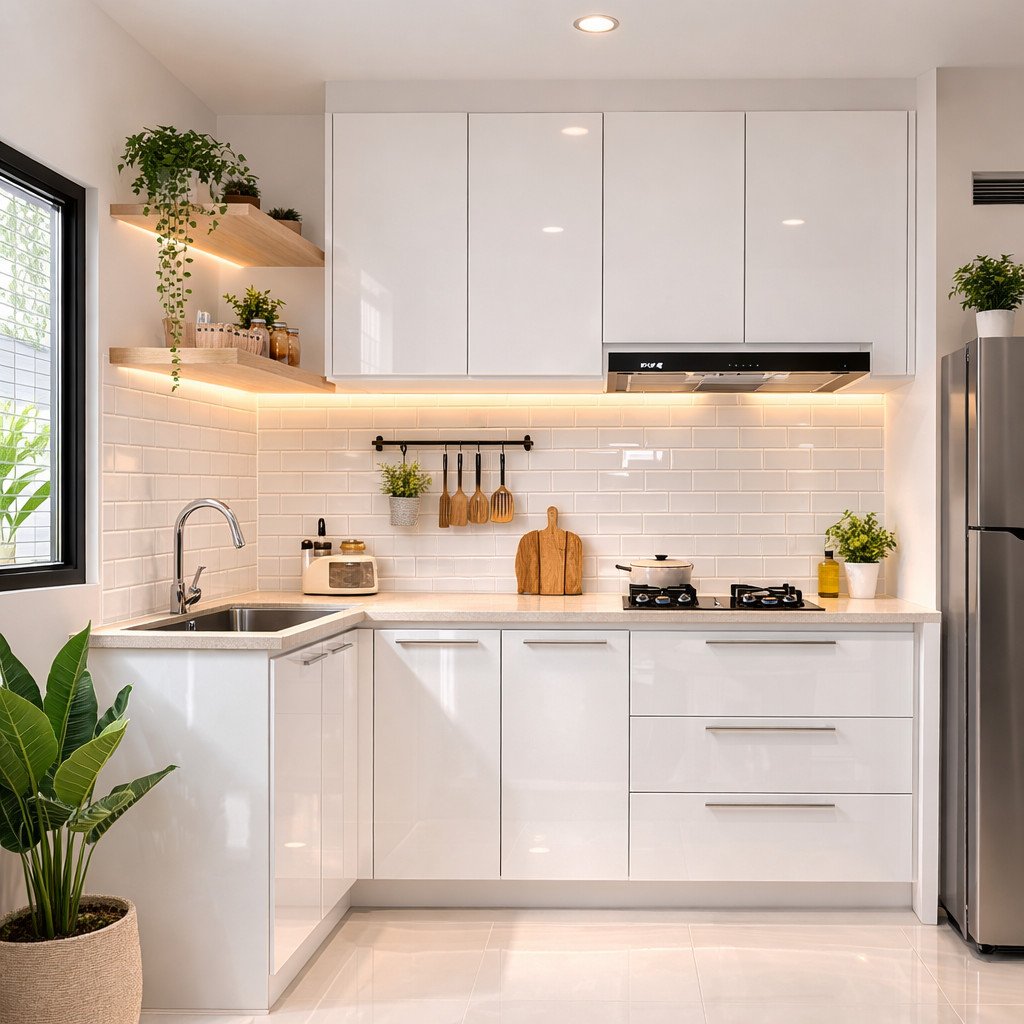 Kitchen set aluminium ACP putih yang bersih dan terasa lebih luas