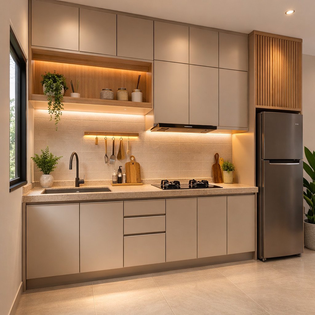 Kitchen set aluminium Japandi yang hangat dan minimalis