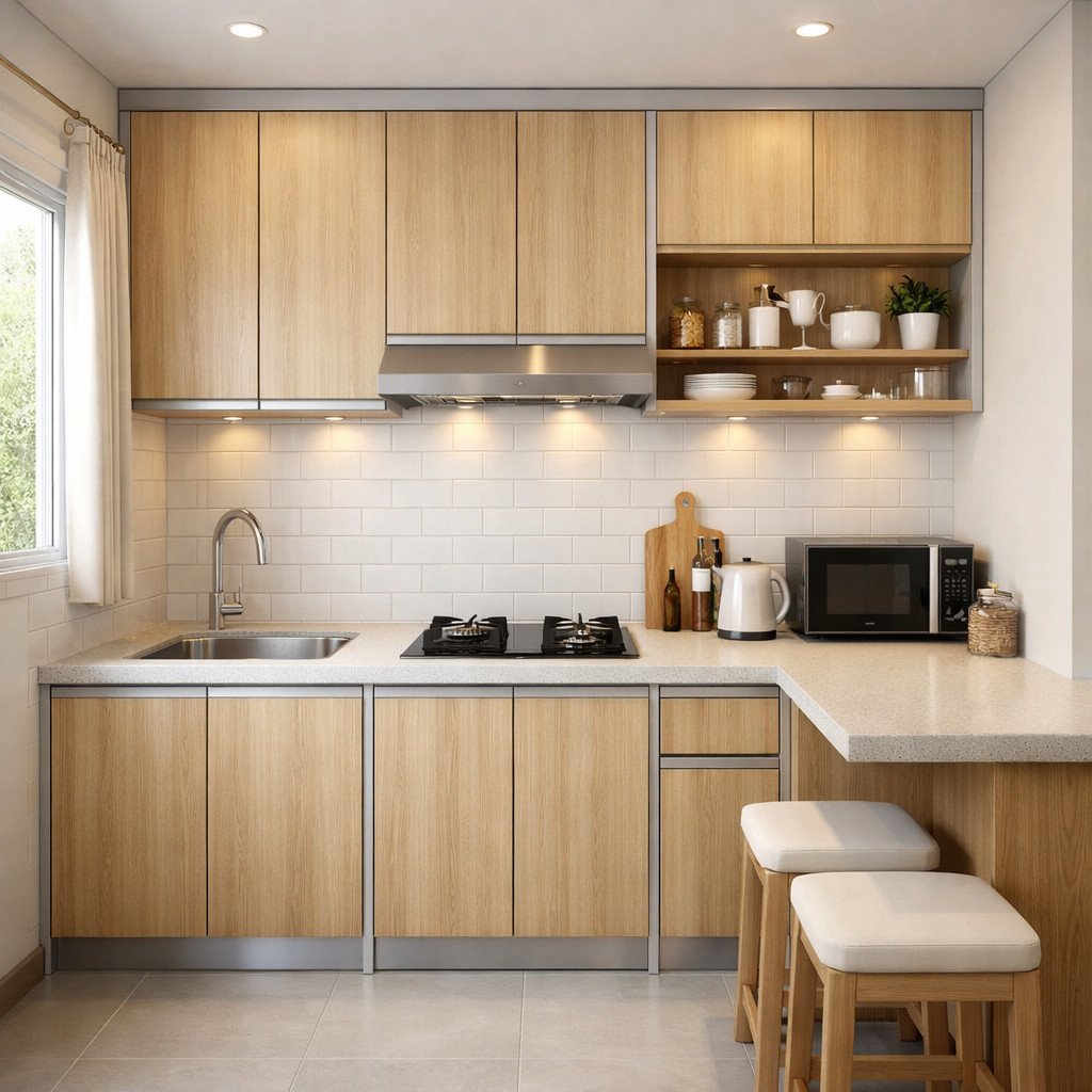 Kitchen set aluminium bergaya Scandinavian yang terang dan hangat