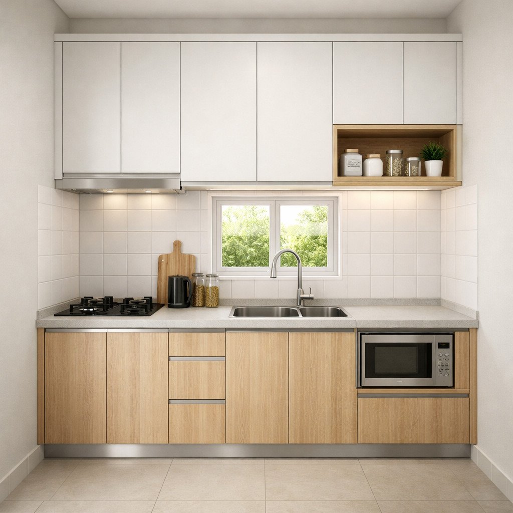 Kitchen set aluminium kecil bergaya Scandinavian yang cerah dan rapi