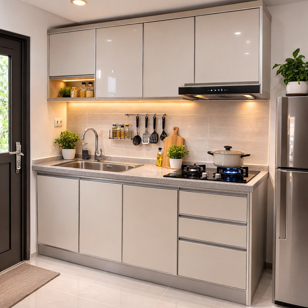 Kitchen set aluminium linear yang rapi dan efisien untuk dapur kecil