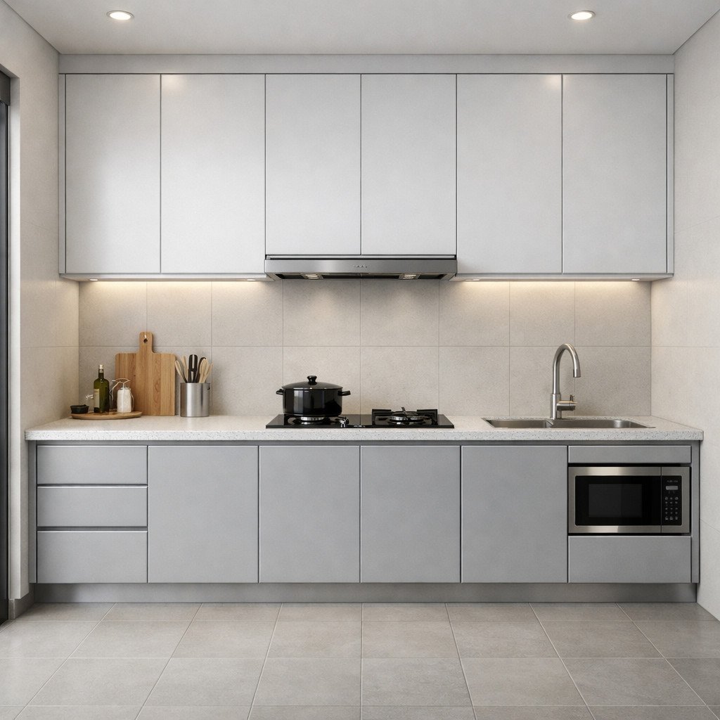 Kitchen set aluminium minimalis modern yang rapi dan terasa luas