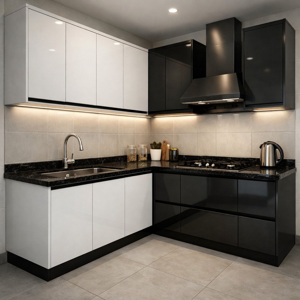 Kitchen set aluminium modern dengan kontras warna yang elegan