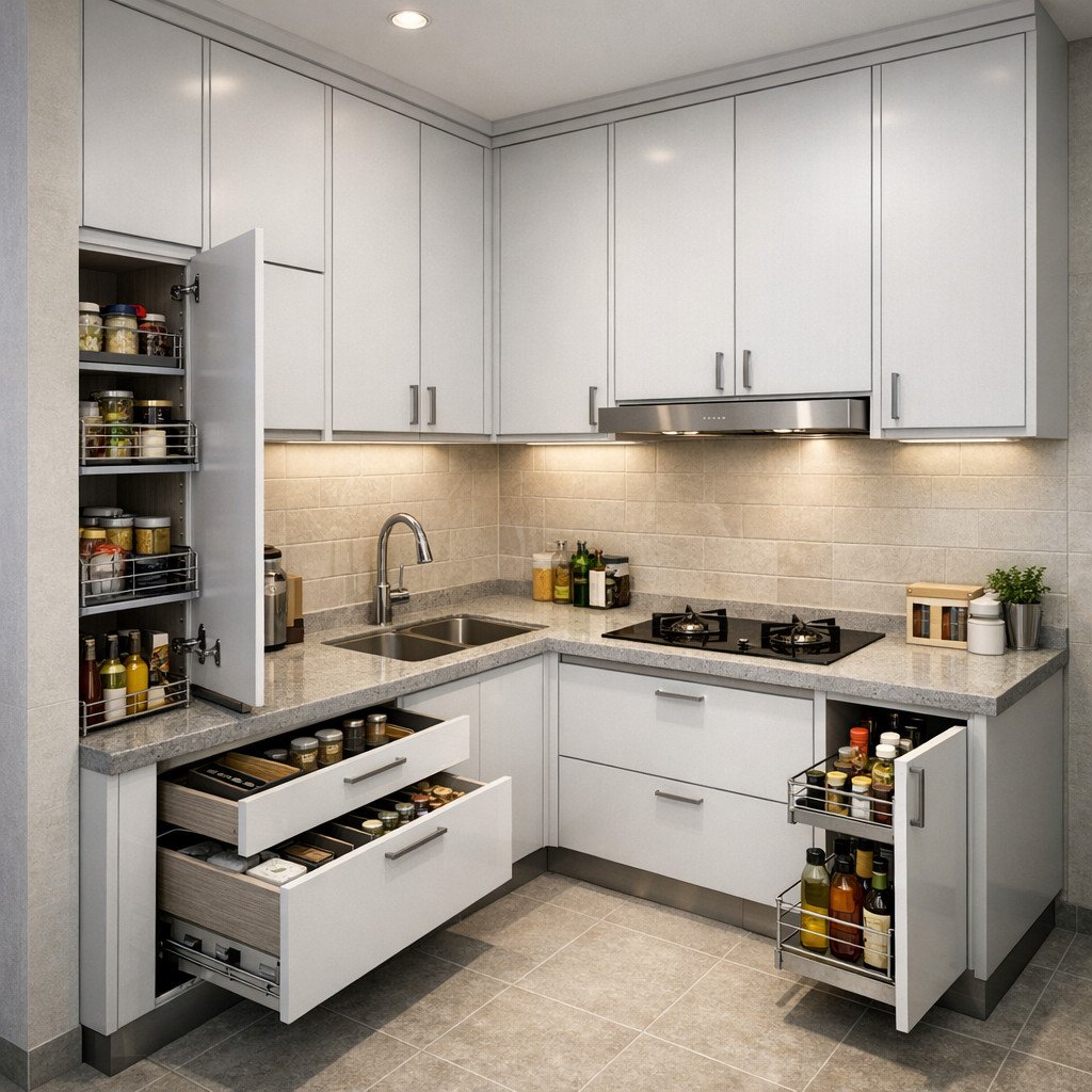 Kitchen set aluminium smart storage yang rapi untuk dapur kecil