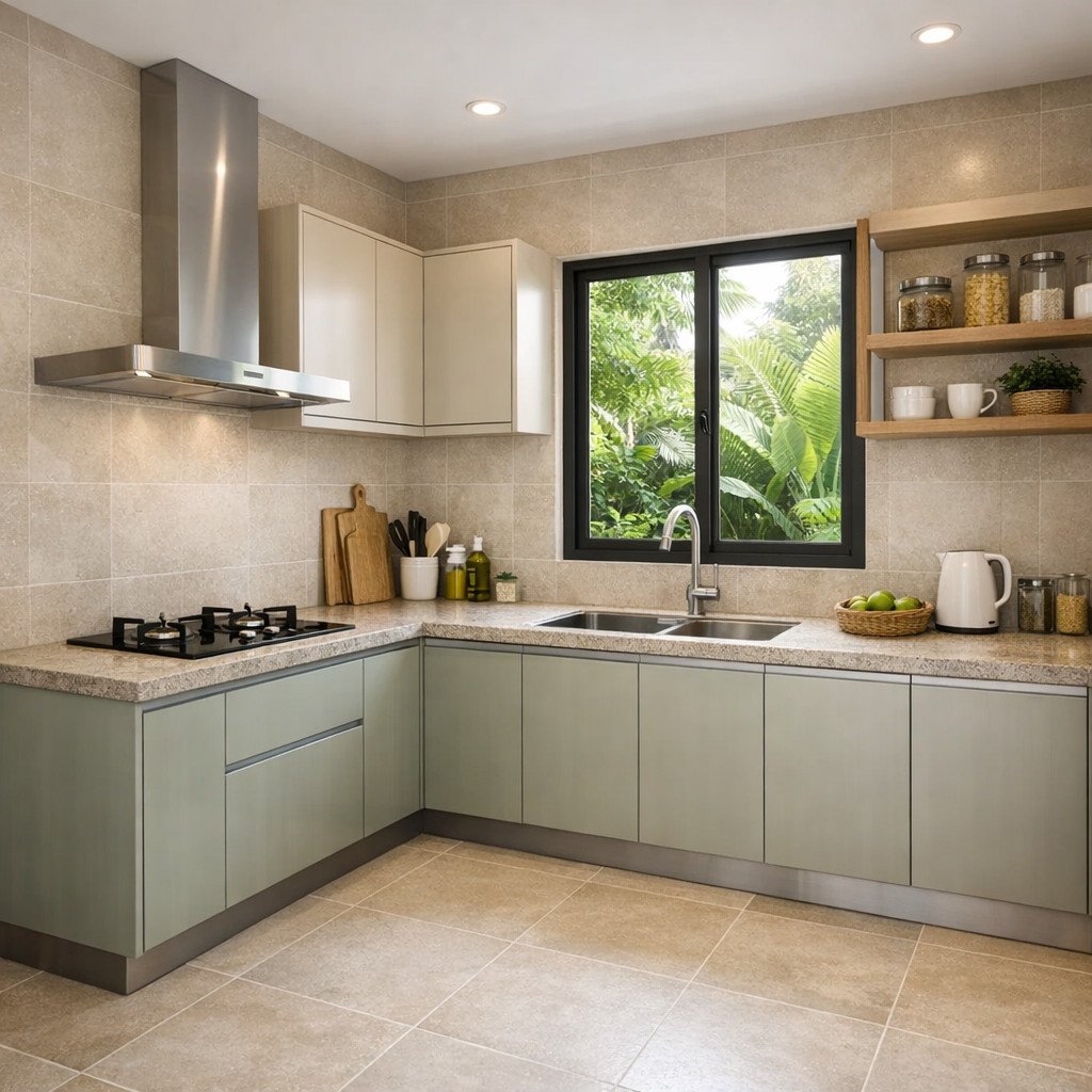 Kitchen set aluminium tropical modern yang segar dan terang