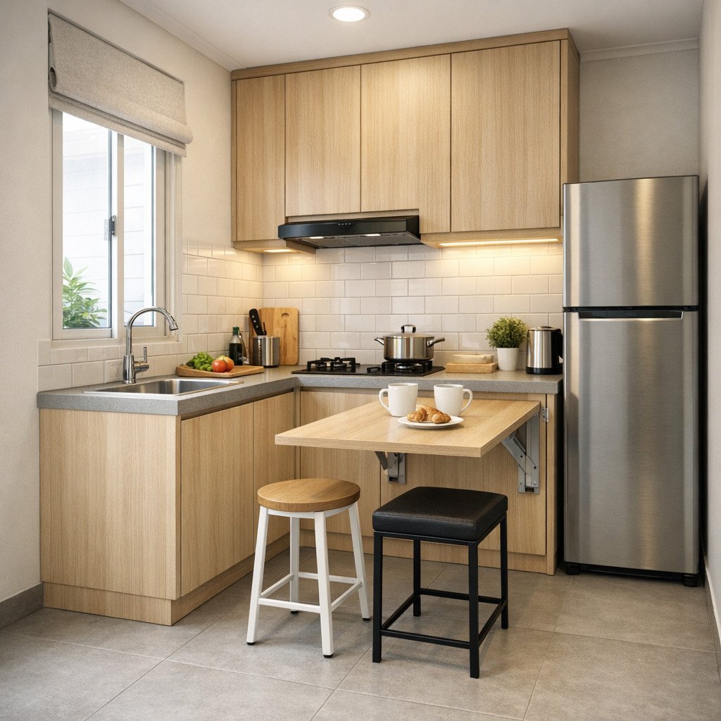 Kitchen set dapur kecil dengan meja lipat praktis untuk ruang super mini