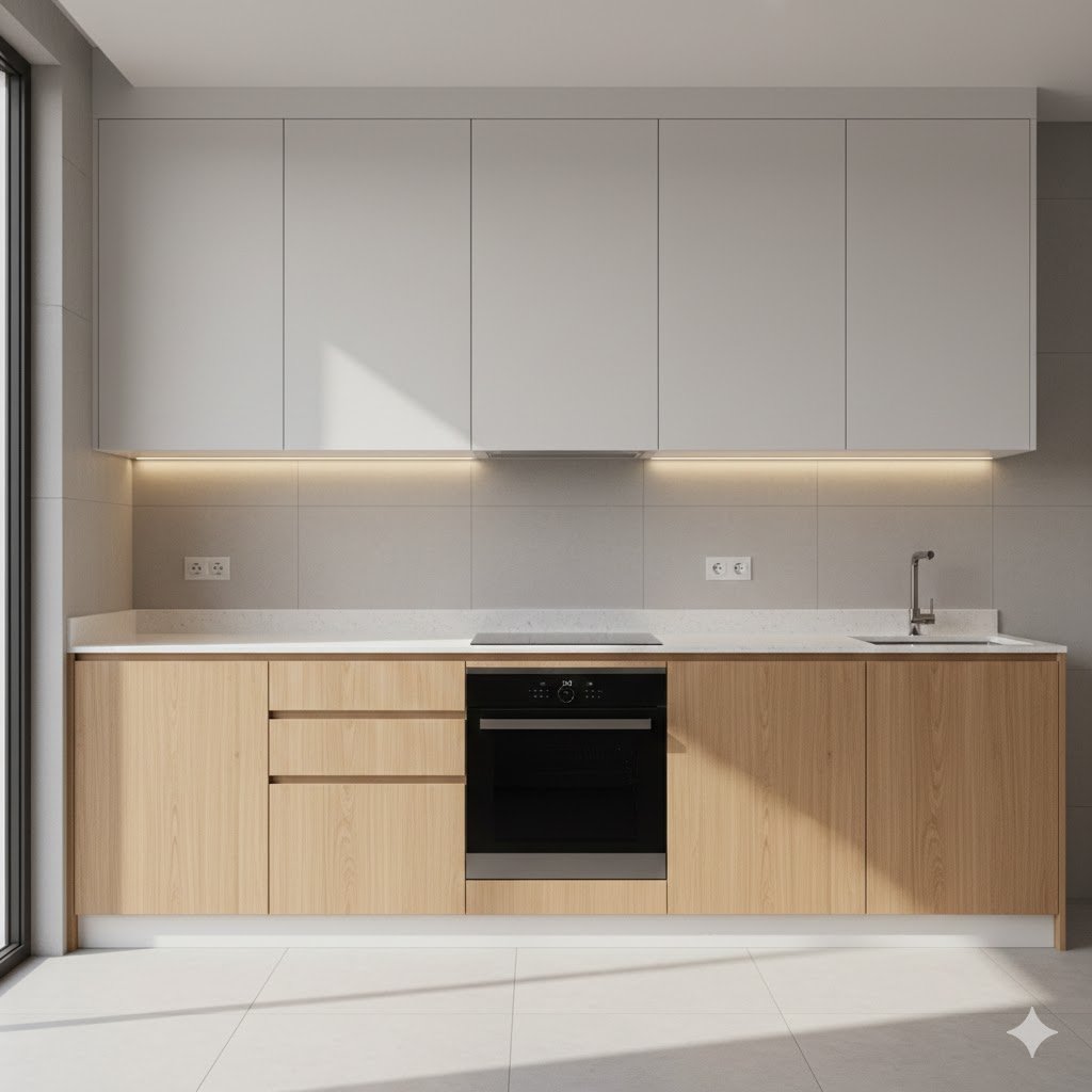Kitchen set dapur minimalis modern dengan kombinasi warna putih matte dan aksen kayu yang terlihat bersih, rapi, dan fungsional