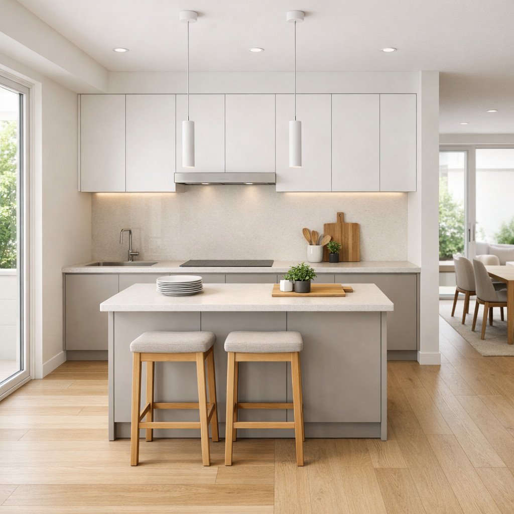 Kitchen set dengan island mini menjadi solusi cerdas untuk dapur terbuka—berfungsi sebagai area masak sekaligus tempat berkumpul, tanpa mengorbankan kesan luas dan modern