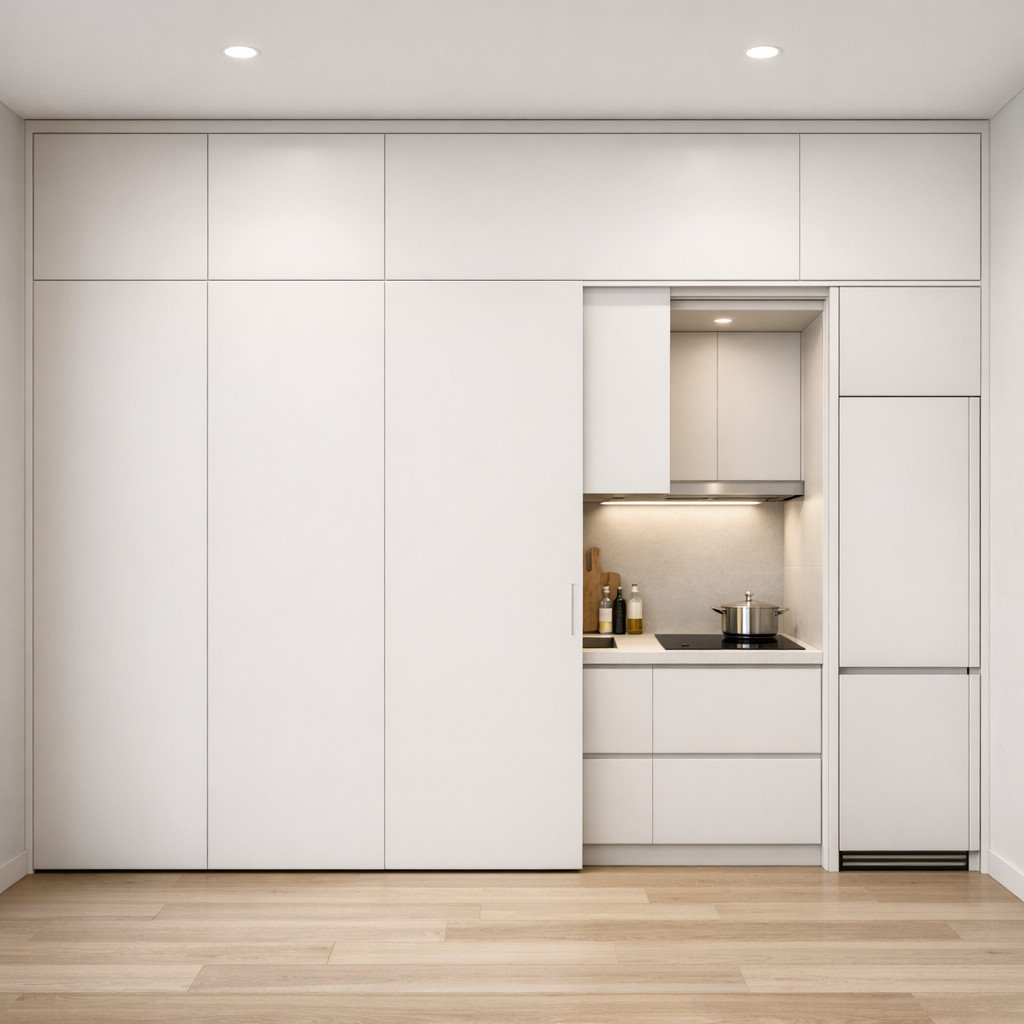 Kitchen set hidden minimalis yang rapi menyatu dengan interior rumah kecil