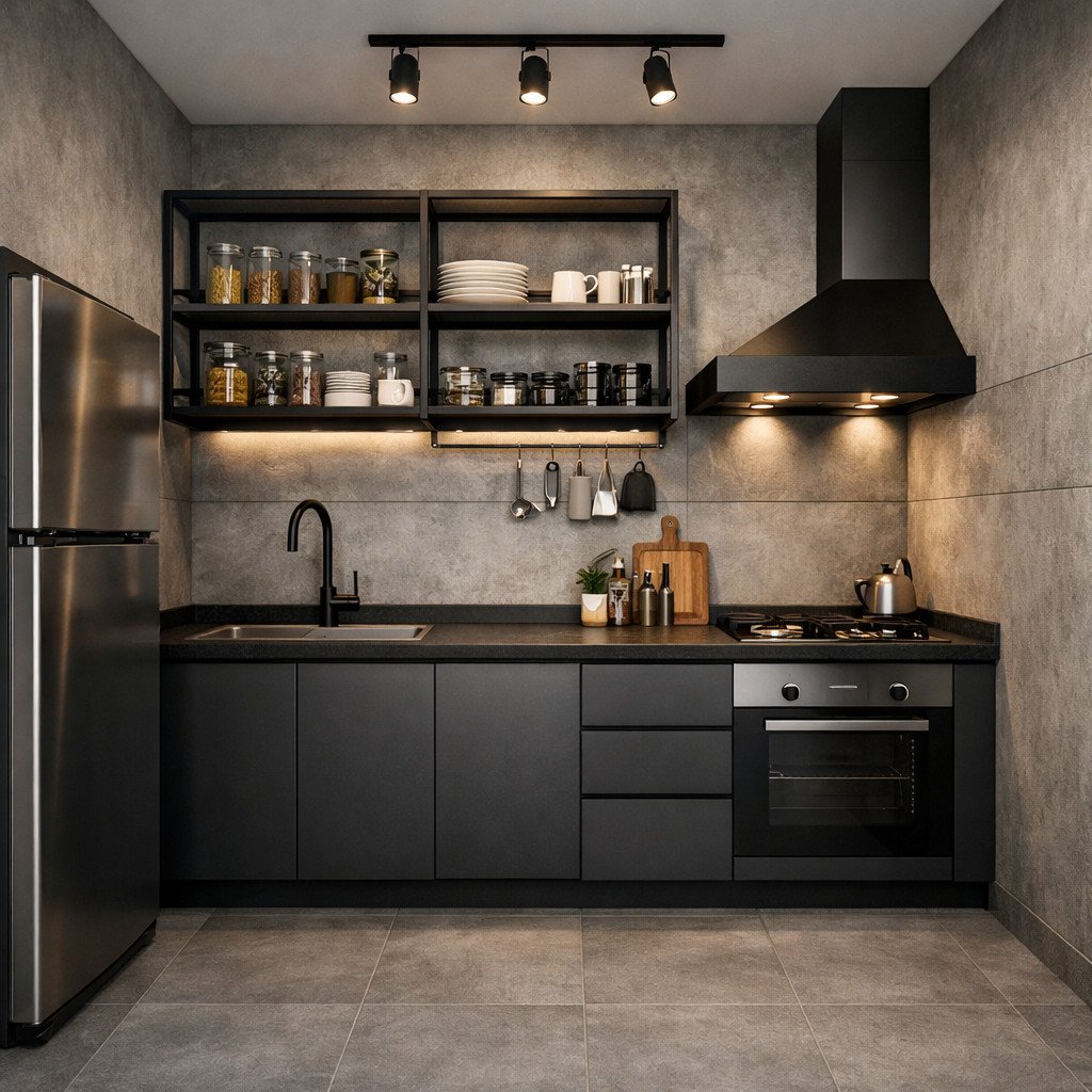 Kitchen set industrial compact yang bold tapi tetap efisien untuk dapur kecil