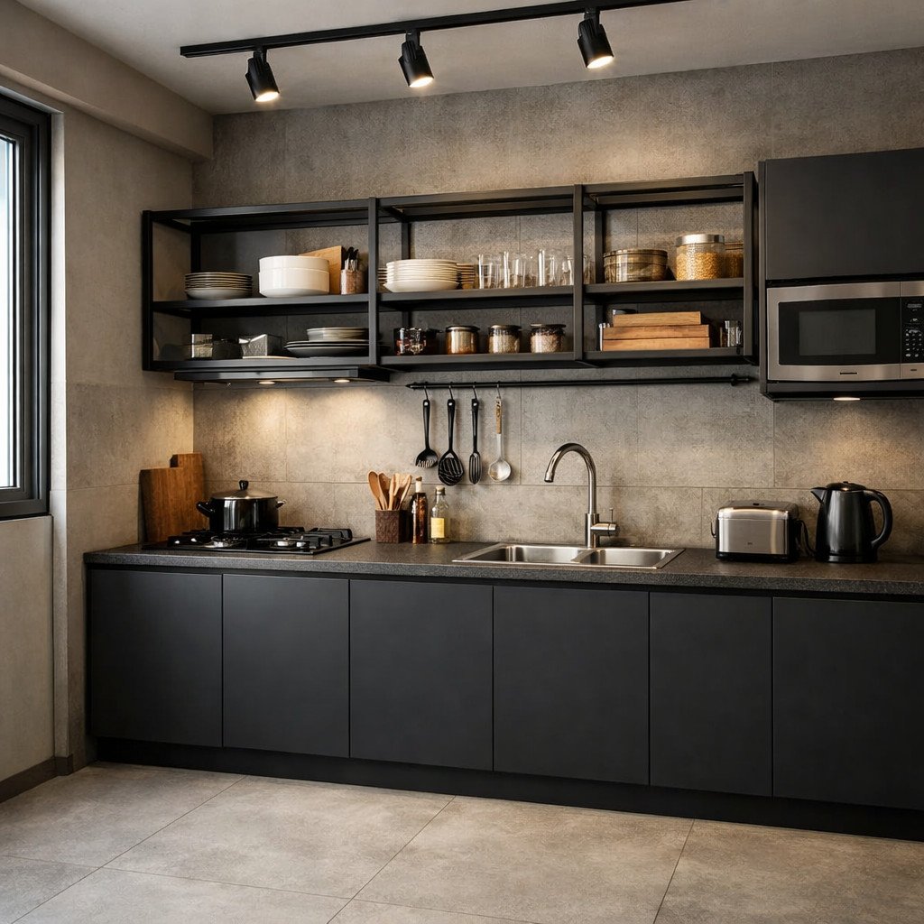 Kitchen set industrial minimalis dengan rak besi yang tegas dan modern