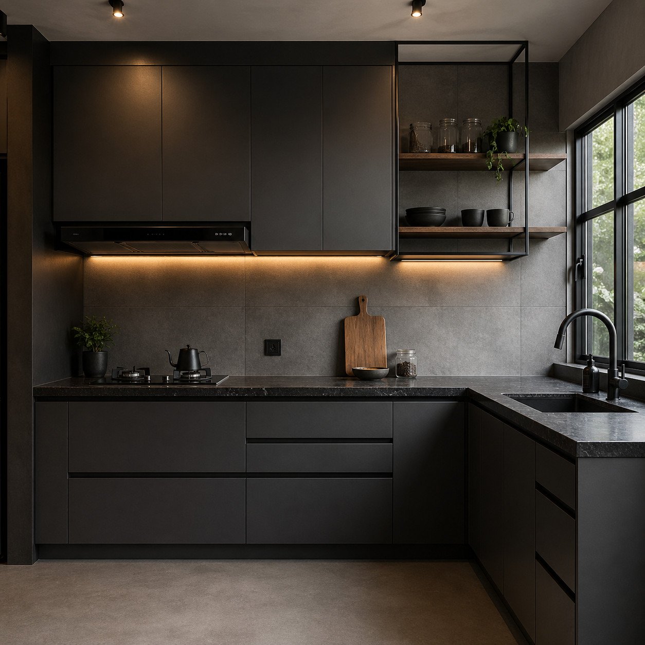 Kitchen set industrial minimalis dengan warna gelap matte menghadirkan kesan tegas, modern, dan premium—pilihan tepat untuk dapur terbuka yang ingin tampil bold tanpa terlihat berlebihan