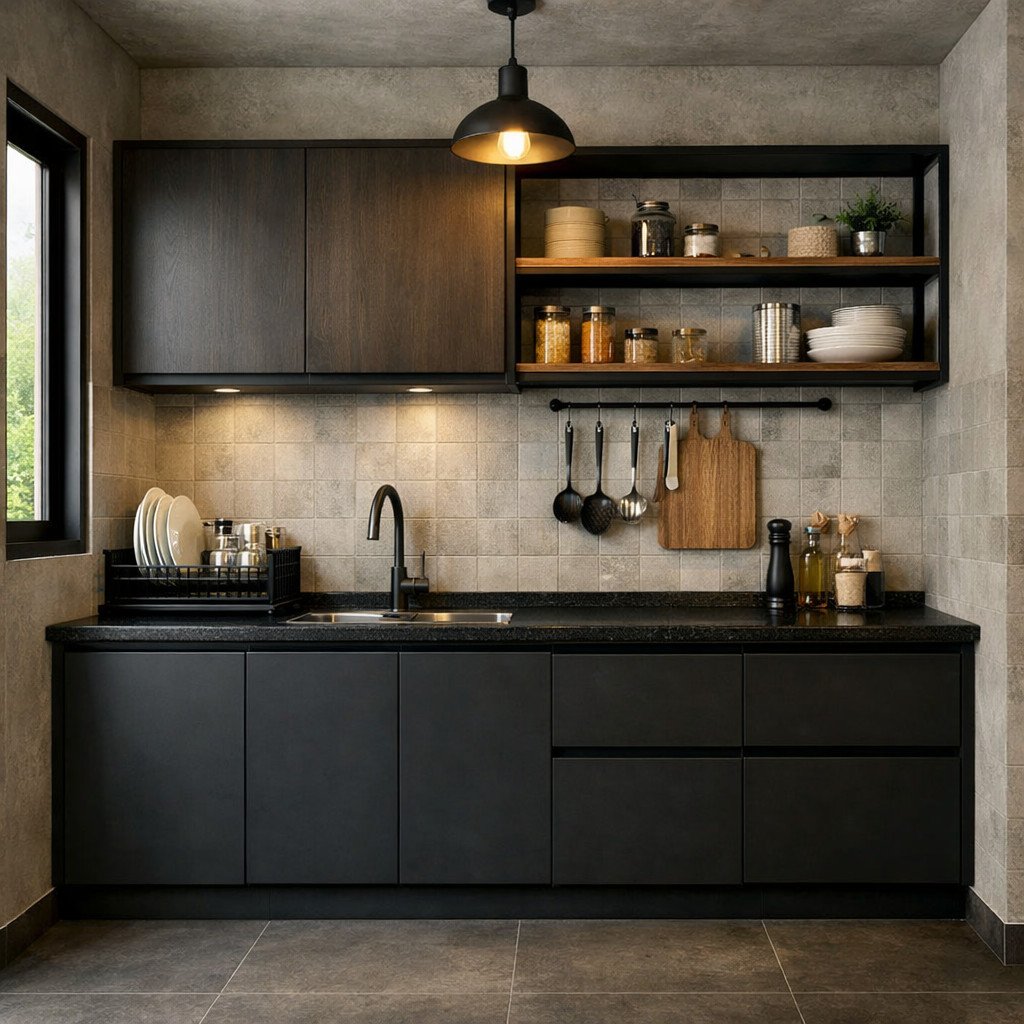 Kitchen set industrial minimalis yang kuat dan rapi untuk dapur kecil