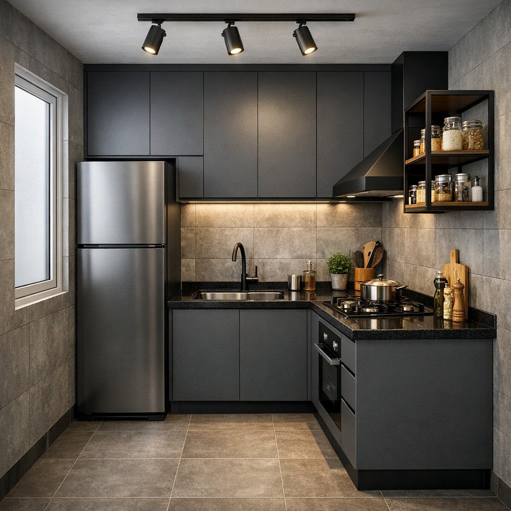 Kitchen set industrial minimalis yang tegas untuk dapur kecil