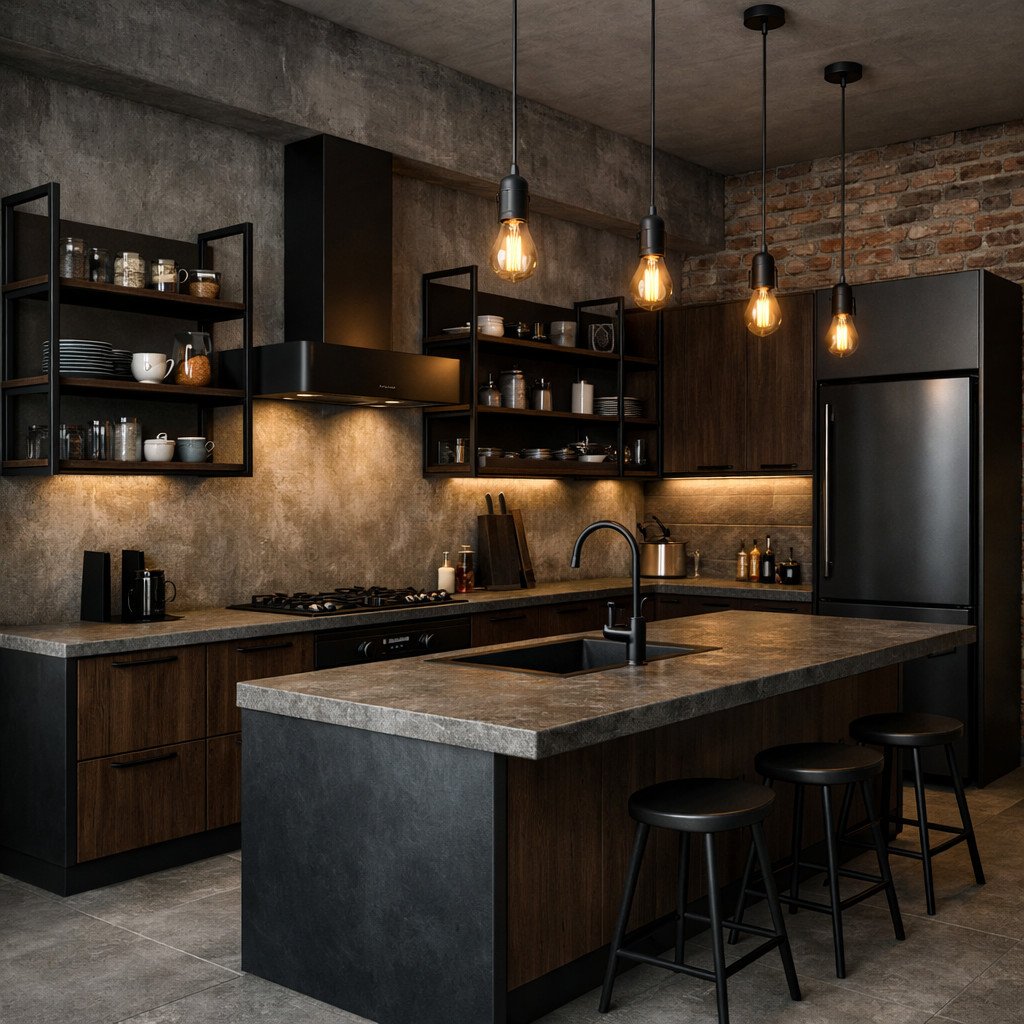 Kitchen set industrial modern dengan sentuhan maskulin dan karakter kuat