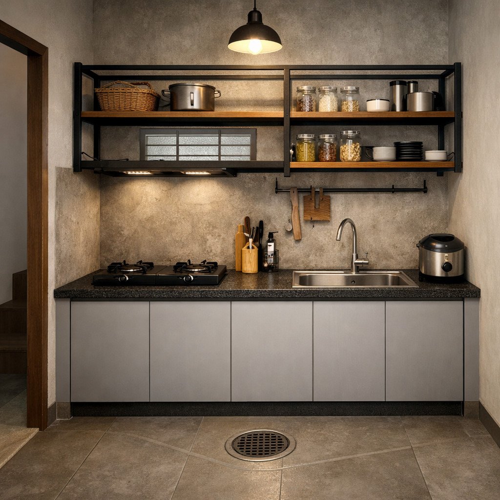 Kitchen set industrial sederhana yang hemat biaya tapi tetap modern
