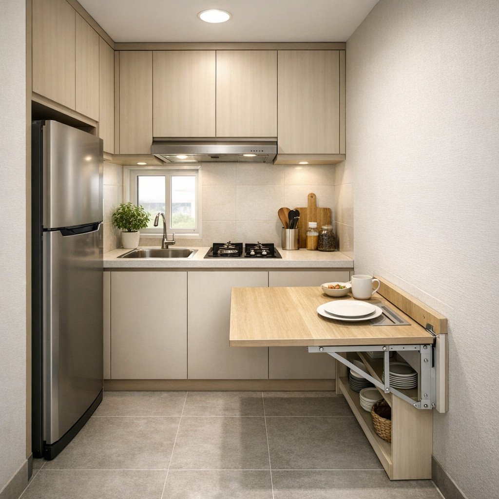 Kitchen set kecil dengan meja lipat yang hemat ruang dan multifungsi