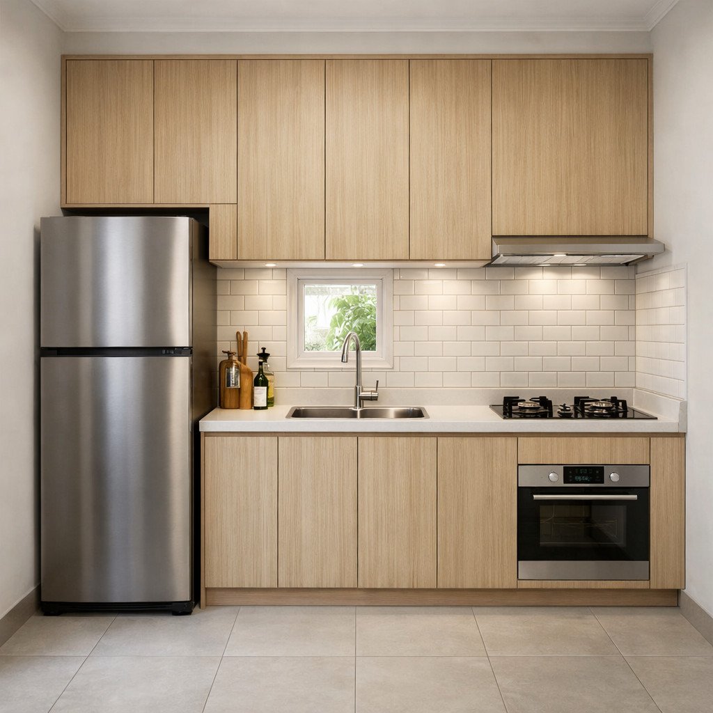 Kitchen set linear minimalis yang rapi dan efisien untuk dapur sempit