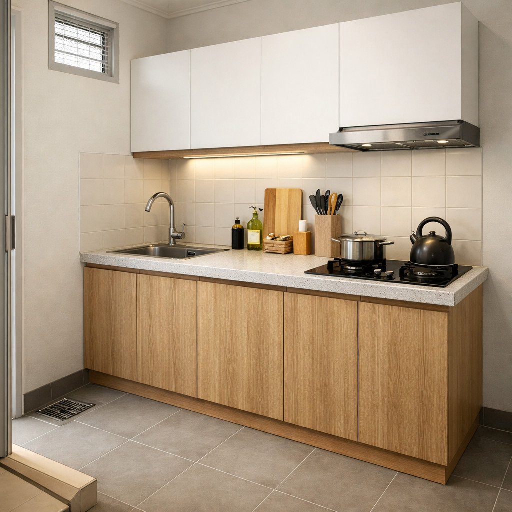 Kitchen set linear minimalis yang rapi untuk dapur kecil sederhana