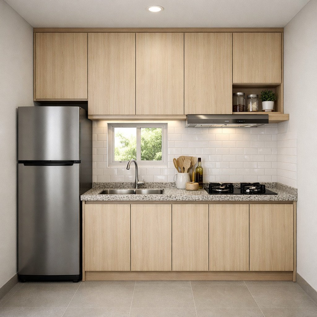 Kitchen set linear minimalis yang rapi untuk dapur kecil