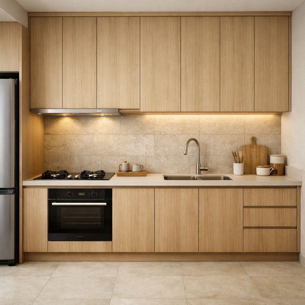 Kitchen set minimalis Japandi dengan nuansa hangat dan elegan