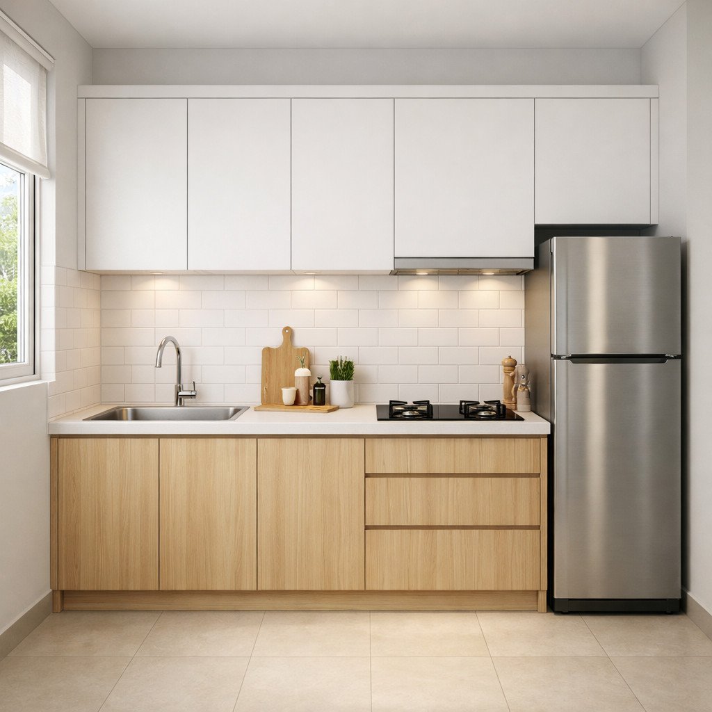 Kitchen set minimalis Scandinavian yang cerah untuk dapur kecil