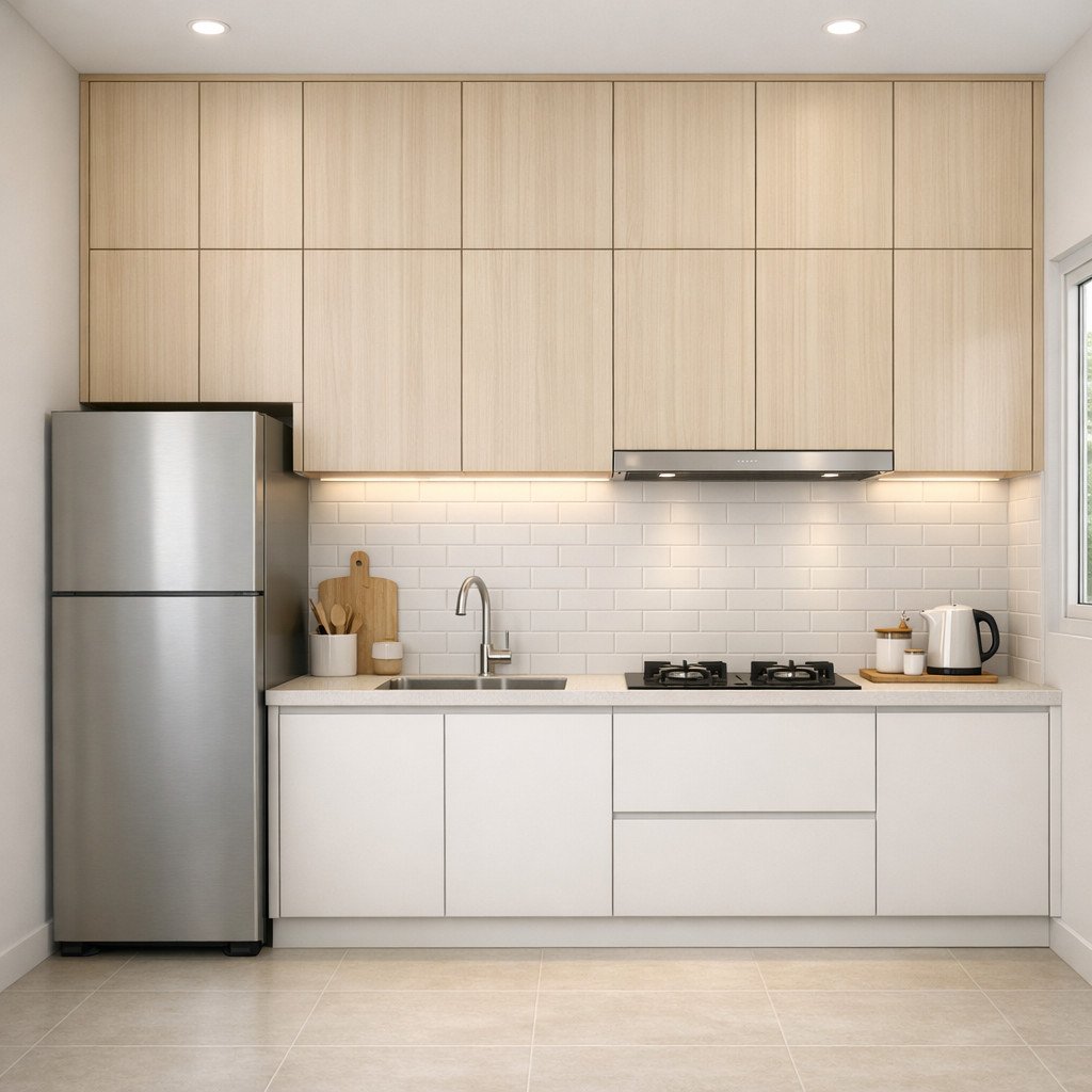 Kitchen set minimalis Scandinavian yang terang dan terasa lapang