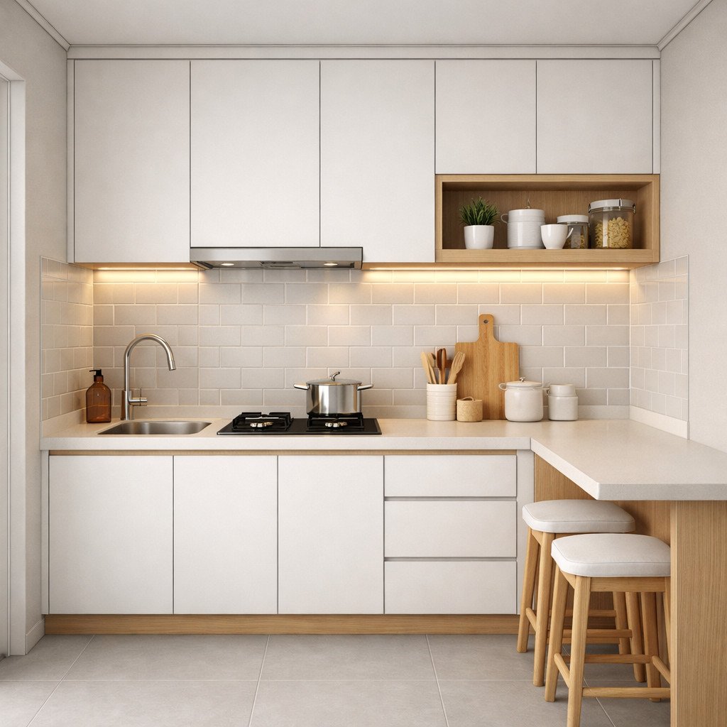 Kitchen set minimalis Scandinavian yang terang dan terasa lebih luas