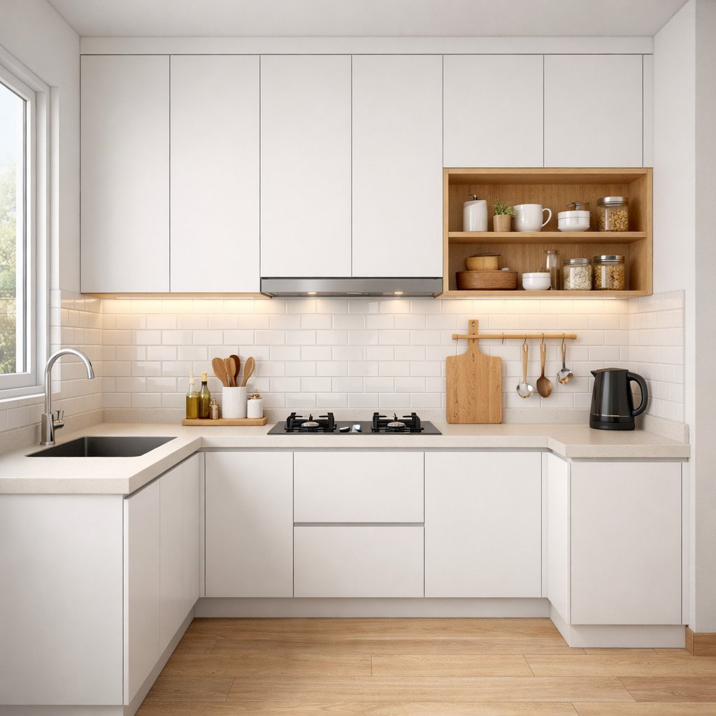 Kitchen set minimalis Scandinavian yang terang dan terasa luas